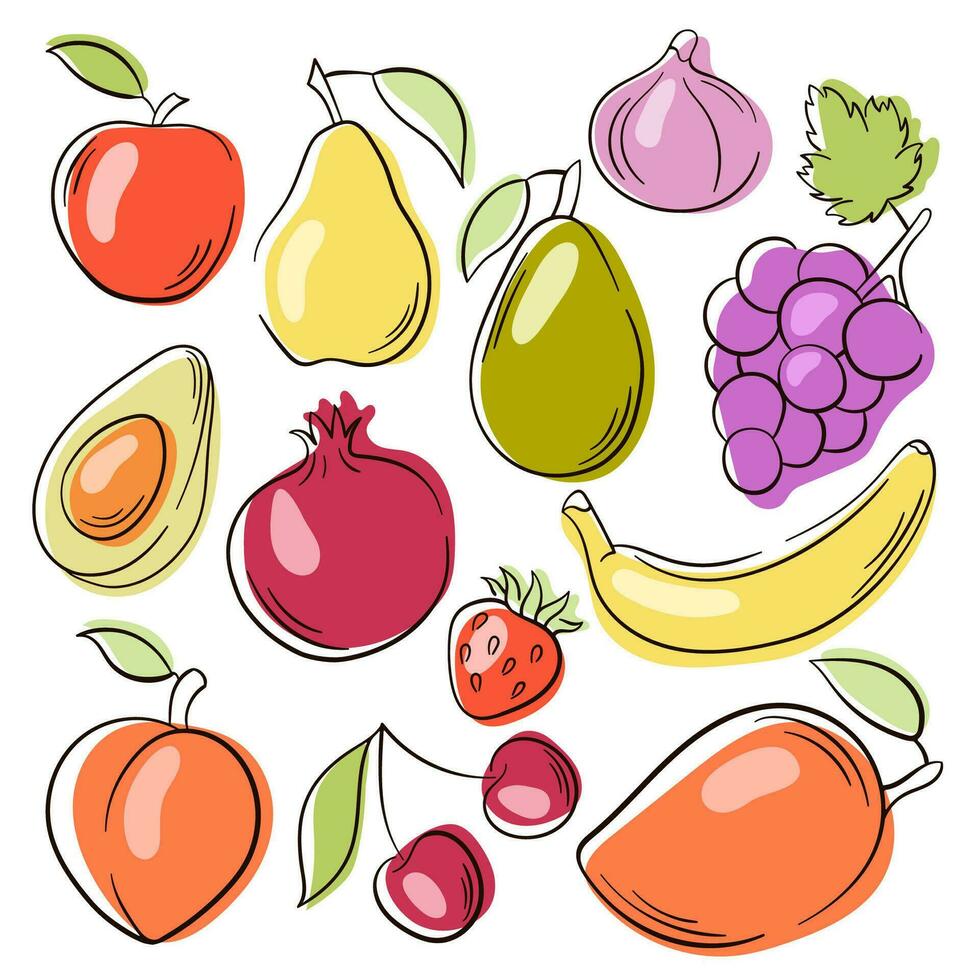 frutas, baya plano línea íconos recopilación. grande conjunto de iconos granada, palta, cereza, mango, durazno. vector