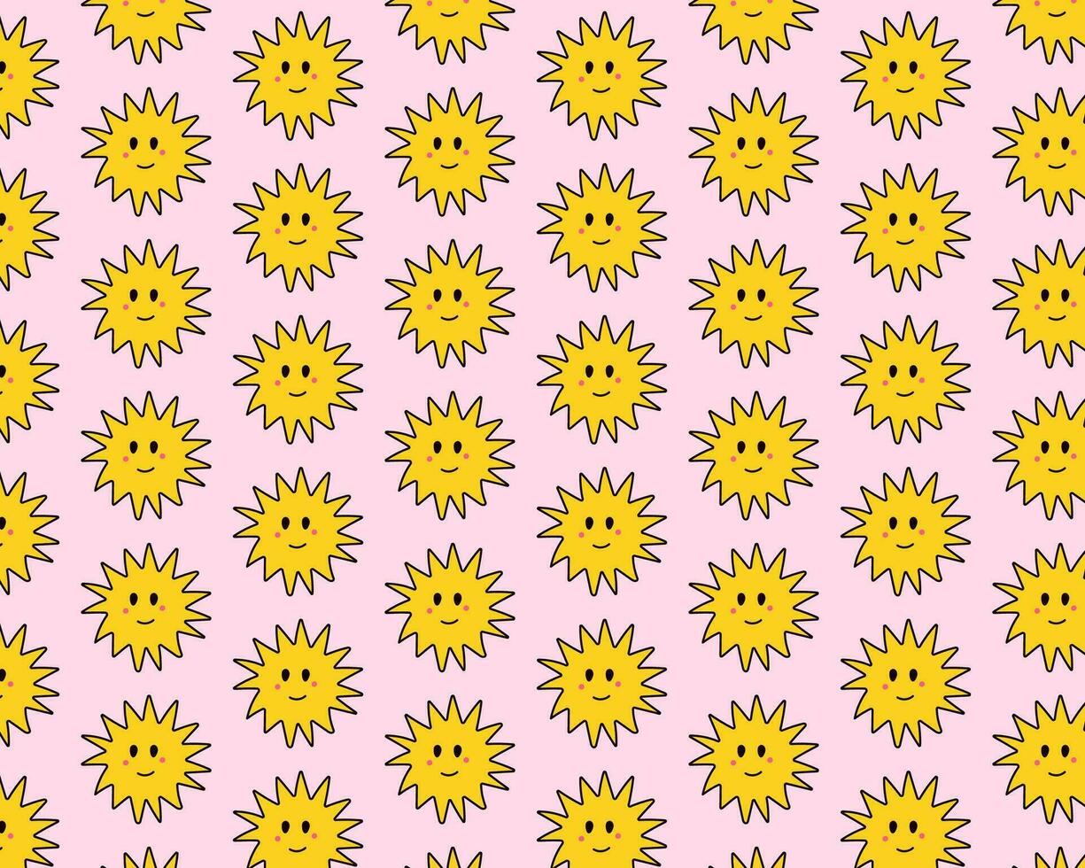 Cute seamless pattern of sun in doodle style. Funny smile faces. Vector illustration on a pink background.