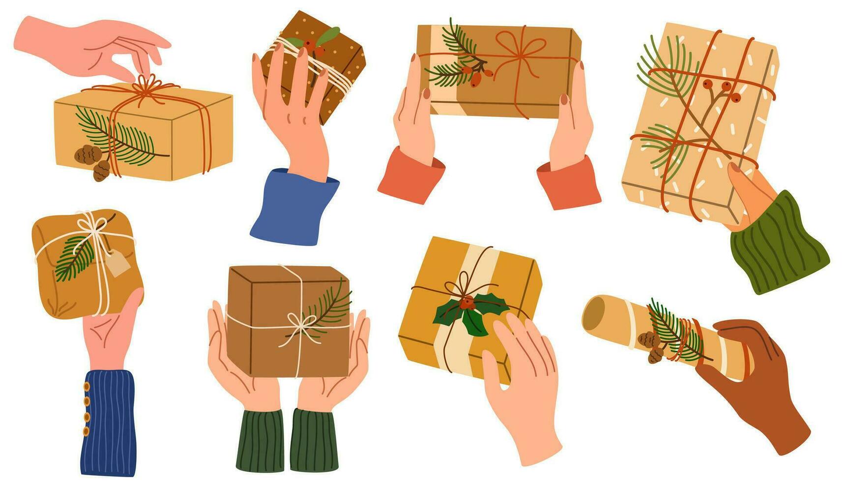 Hands holding Christmas gift boxes. Grant exchange concept xmas holiday, arms gives new year souvenirs set. Wrapping gift box. Preparing for celebration Christmas eve or new year. Vector illustration