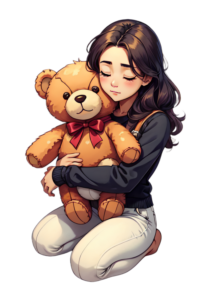 AI generated Girl Hugging Teddy Bear Cartoon Image png