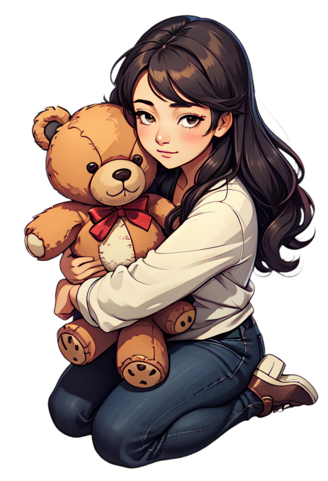 AI generated Girl Hugging Teddy Bear Cartoon Character png