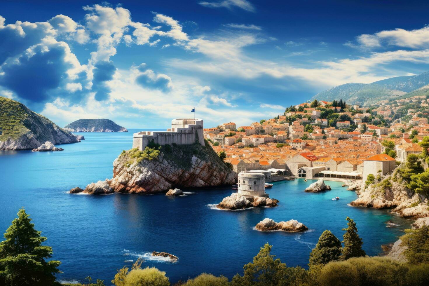 AI generated Dubrovnik old town on the Adriatic Sea, Croatia, A panoramic view of the walled city, Dubrovnik, Croatia, AI Generated photo