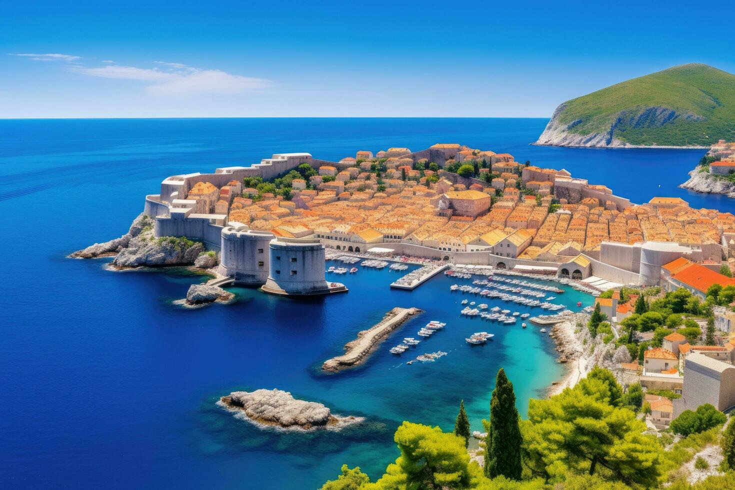 AI generated Dubrovnik old town at sunset. Dalmatia, Croatia, A panoramic view of the walled city, Dubrovnik, Croatia, AI Generated photo