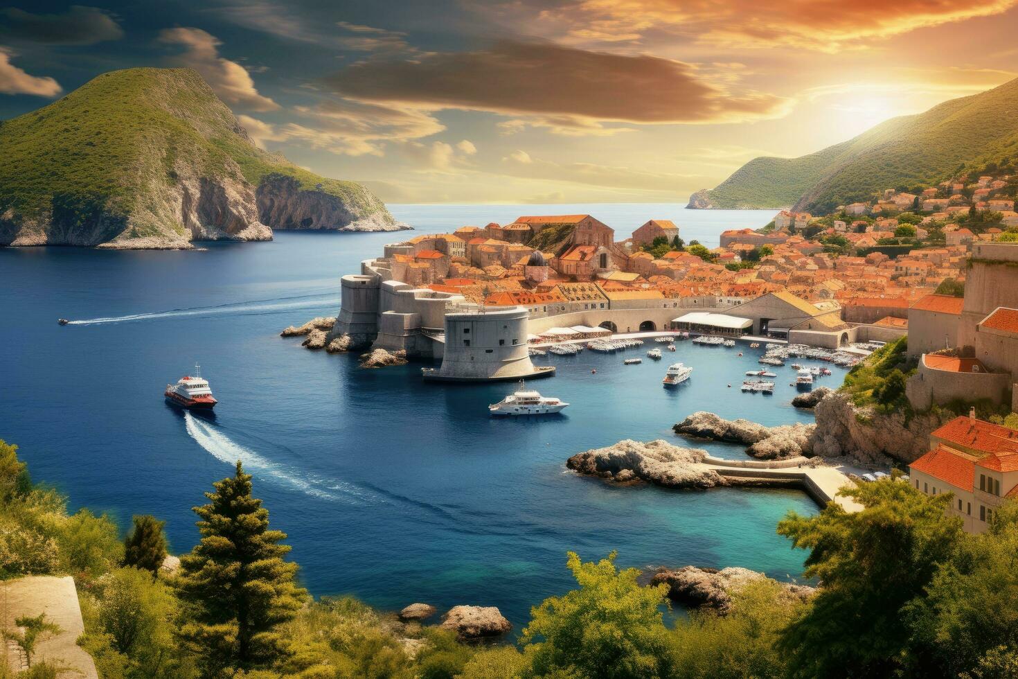 AI generated Dubrovnik old town in Croatia, Dalmatia region of Croatia, A panoramic view of the walled city, Dubrovnik, Croatia, AI Generated photo
