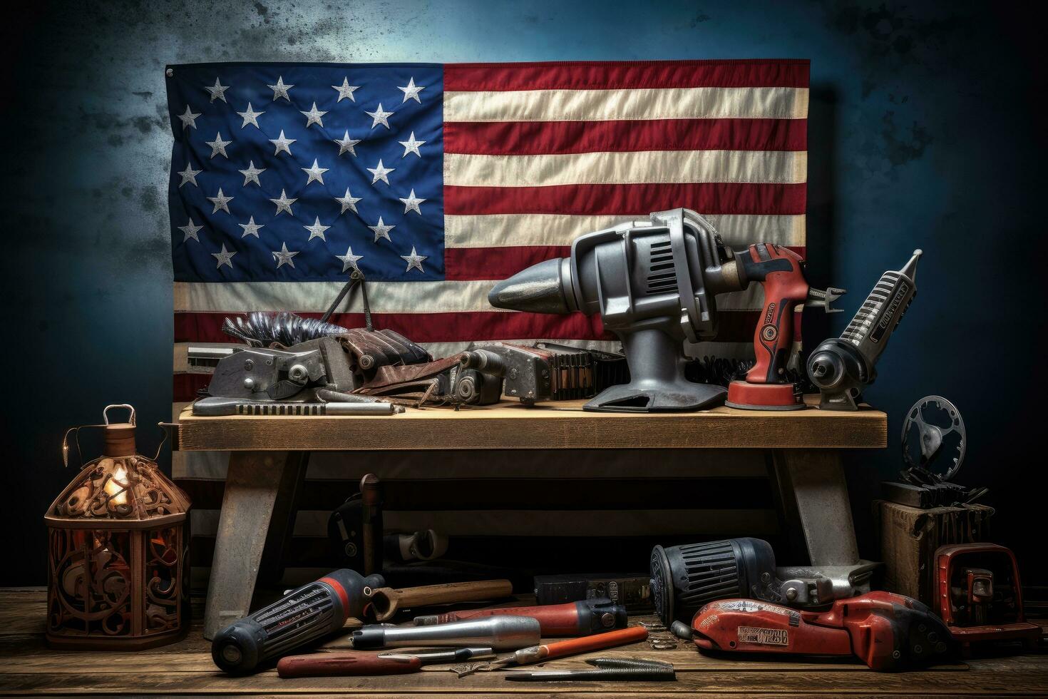 AI generated Carpentry tools on a wooden table against the background of the American flag, Construction and manufacturing tools with patriotic US, AI Generated photo