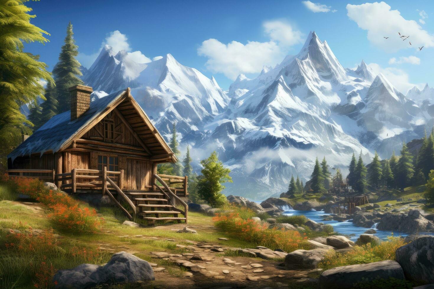 AI generated Beautiful mountain landscape with wooden log house and lake. Digital painting, Create a picturesque mountain scene with a log home on the side of a rugged mountain with snow-capped photo