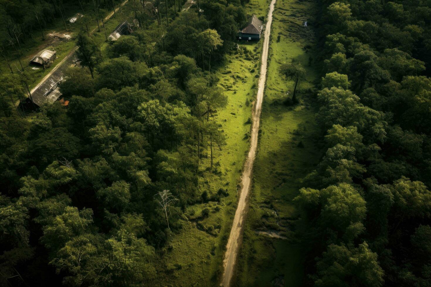AI generated Aerial view of the village in the middle of the forest, A narrow street between woodlands, seen from a drone's perspective, AI Generated photo