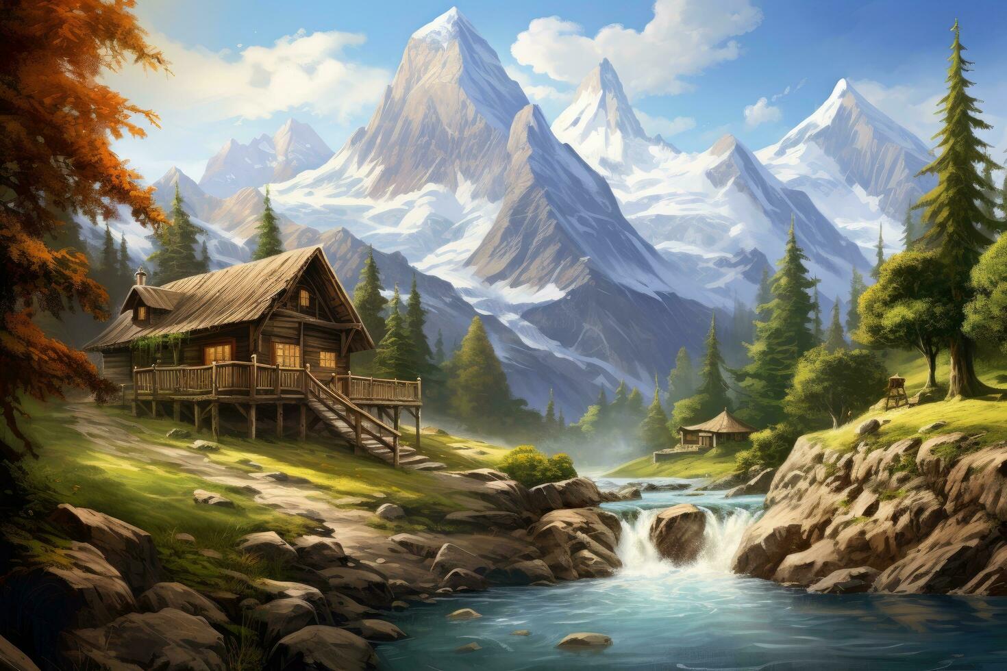 AI generated Beautiful mountain landscape with a wooden house in the mountains. Digital painting, Create a picturesque mountain scene with a log home on the side of a rugged mountain with photo