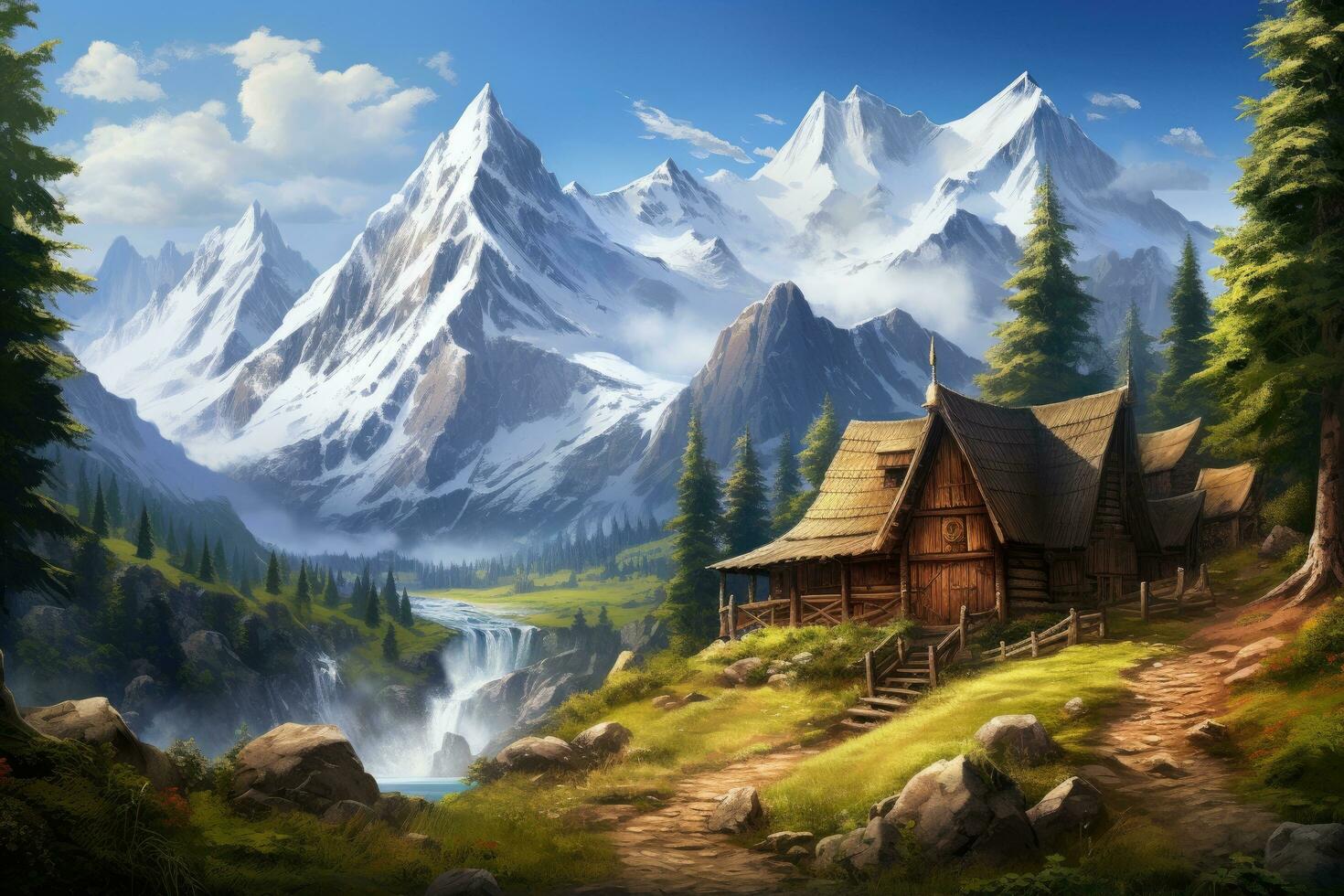 AI generated Beautiful mountain landscape with a wooden house in the mountains. Digital painting, Create a picturesque mountain scene with a log home on the side of a rugged mountain with snow photo