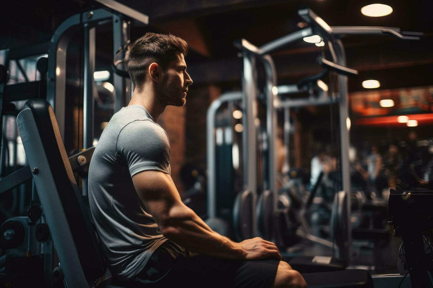 AI generated Side view of a young man working out in a gym. Side view of a muscular man working out in a gym, A man working on a fitness machine at the gym, AI Generated photo