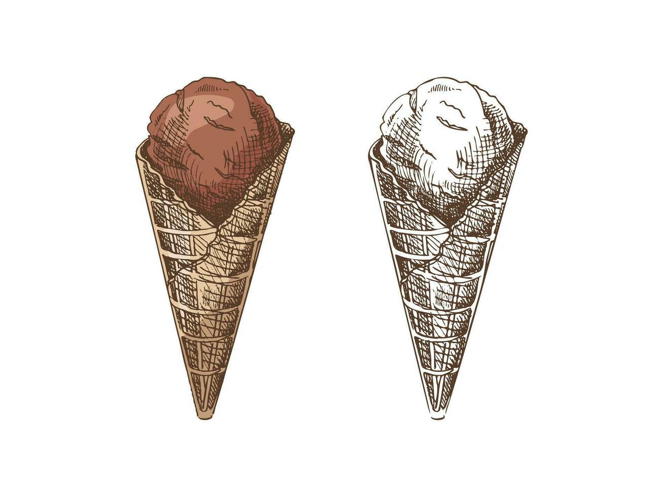 Hand-drawn colored and monochrome sketch set of waffle cones with frozen yogurt or ice cream. Vintage illustration. Element for labels, packaging and postcards. vector