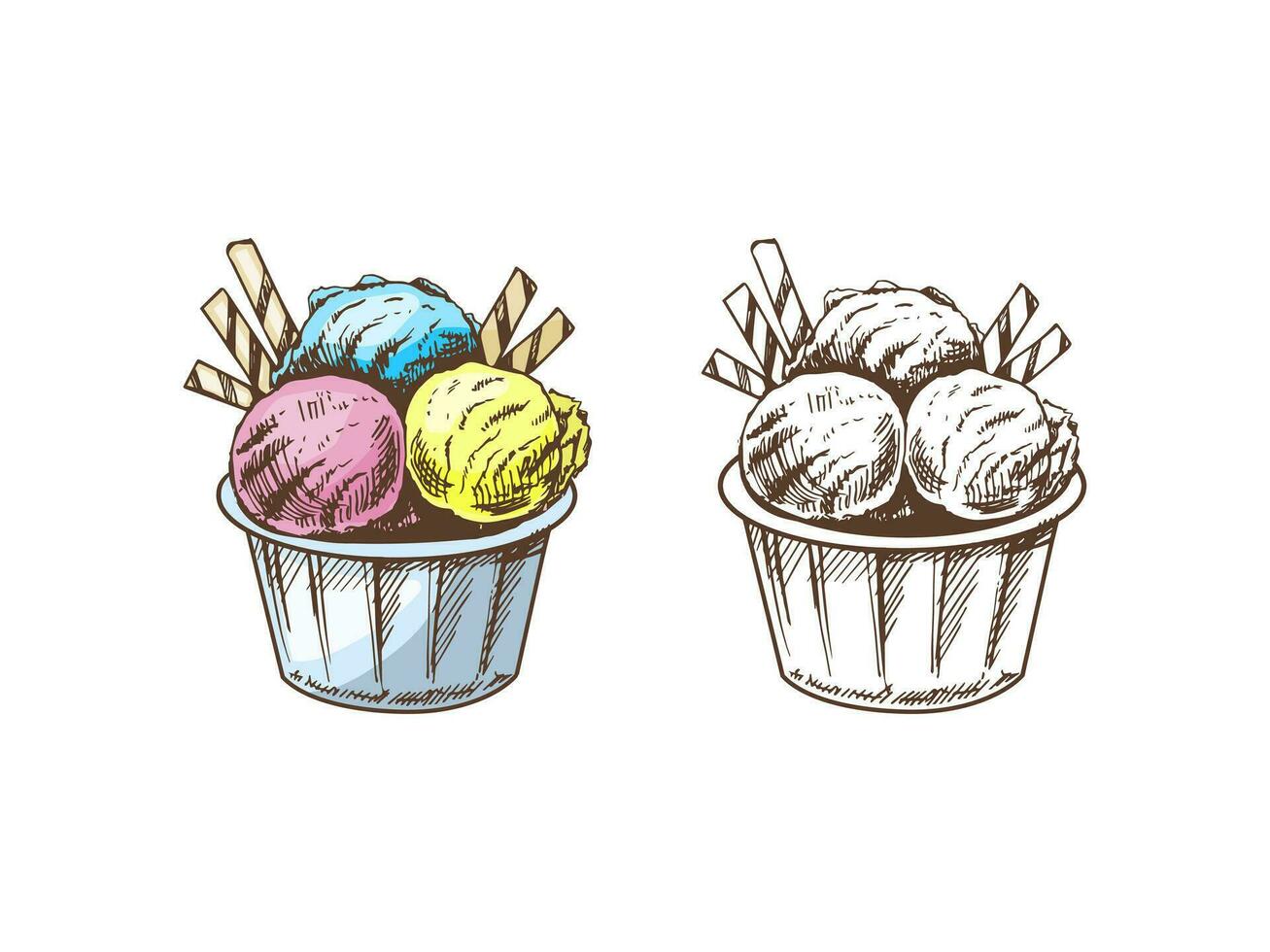 A hand-drawn colored and monochrome sketch of an ice cream balls in a bowl. Vintage illustration. Element for the design of labels, packaging and postcards. vector