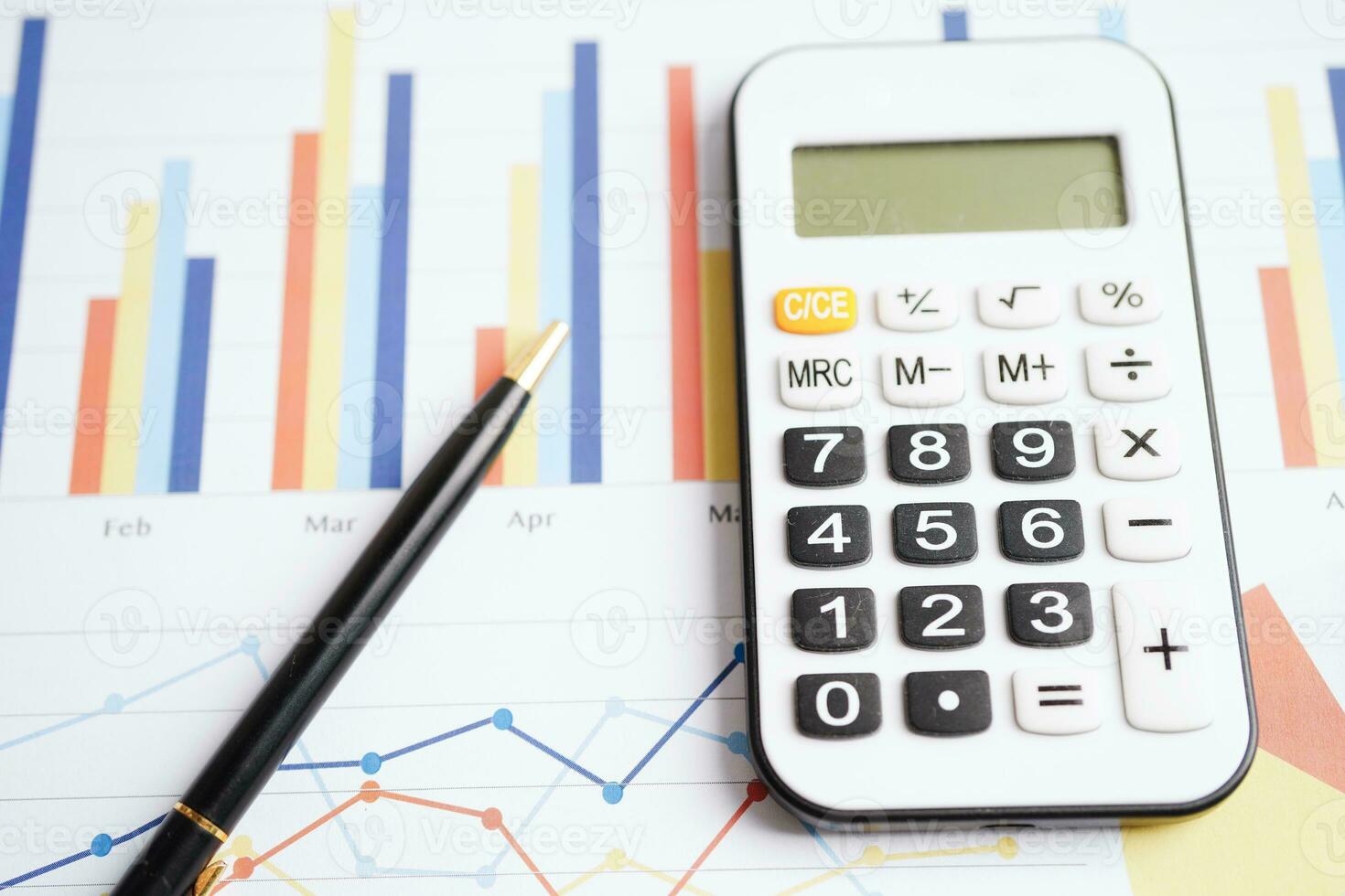 Calculator on chart graph paper. Finance, account, statistic, investment data economy, stock exchange business. photo