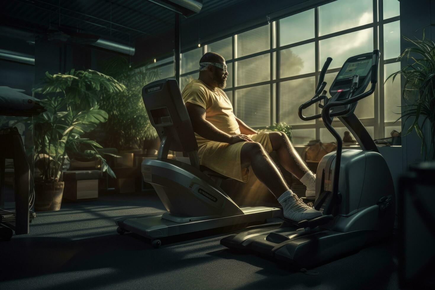 AI generated African american man training on a treadmill in a modern gym, A man working on a fitness machine at the gym, AI Generated photo