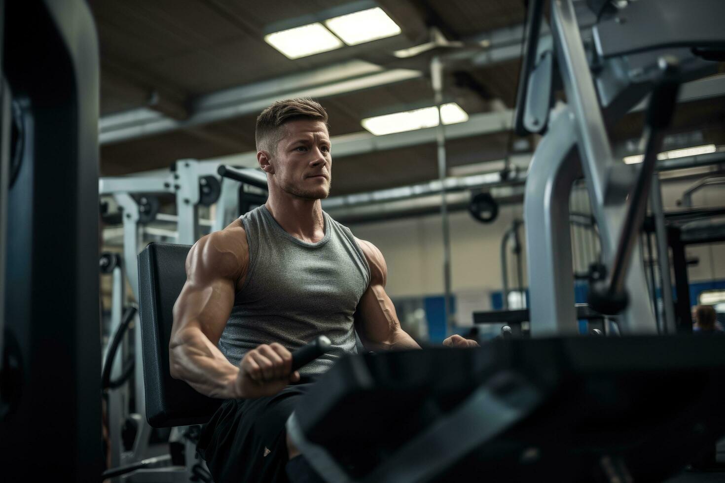 ai generado joven hombre trabajando fuera triceps en máquina en un gimnasio - pesa concentración chinos, un hombre trabajando en un aptitud máquina a el gimnasia, ai generado foto