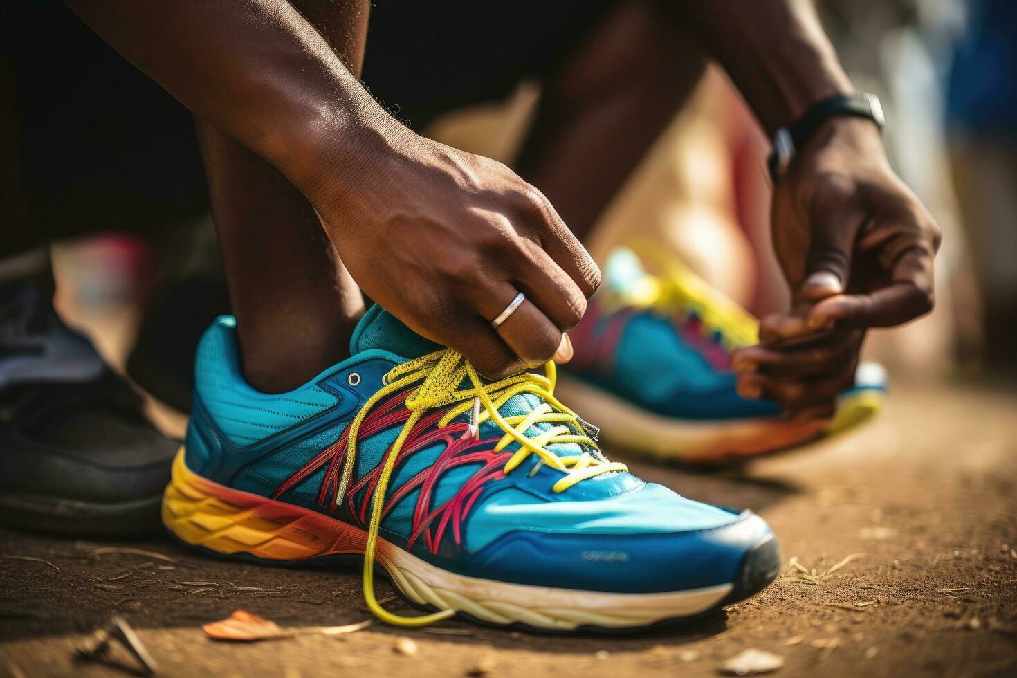 AI generated Close-up of man tying shoelaces on running shoes, A man tying sports shoes, close up of his shoe, AI Generated photo