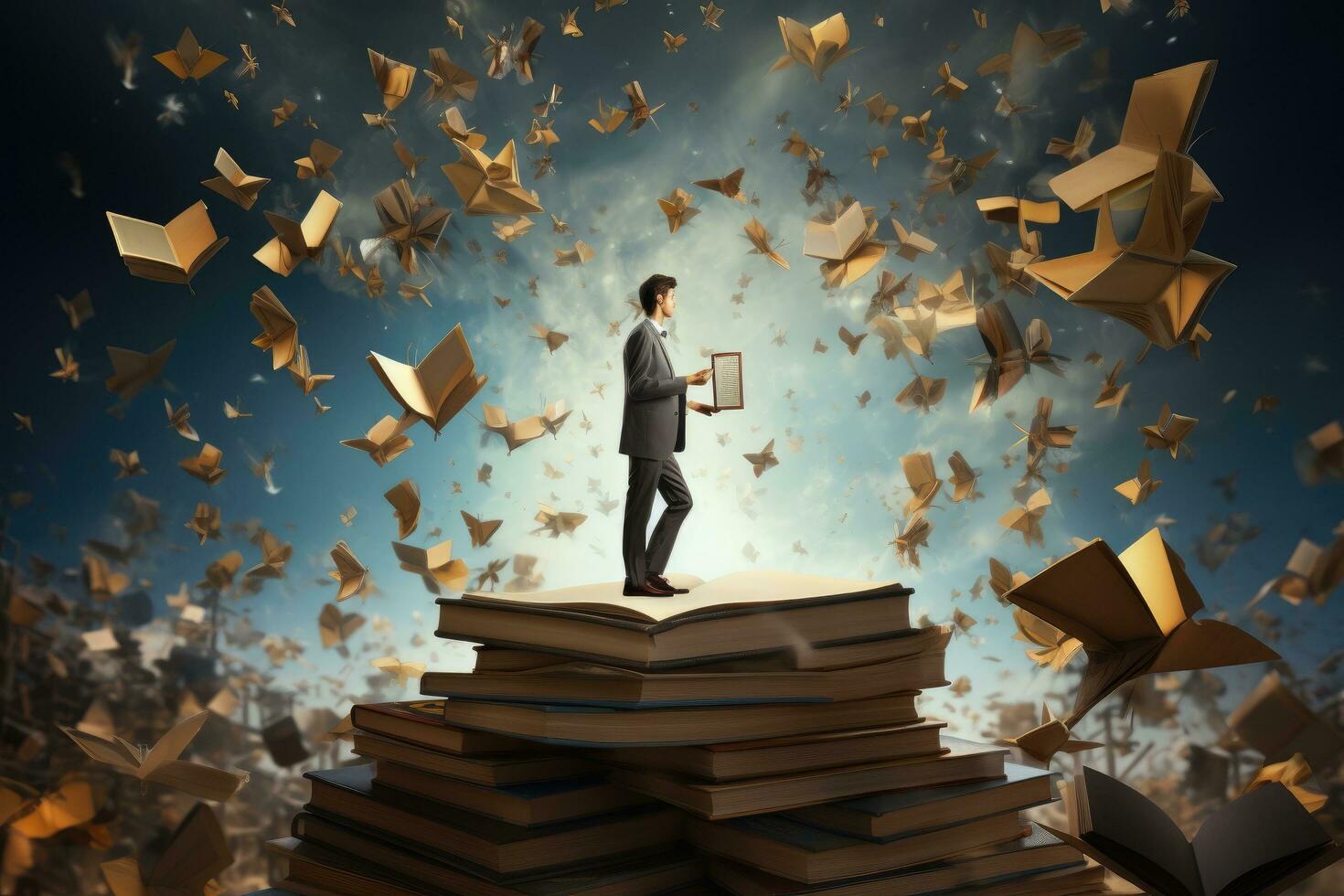 AI generated Businessman standing on pile of books and looking at flying paper planes, A man standing on an open book, Floating pieces of the book above him, Dyslexia concept, AI Generated photo