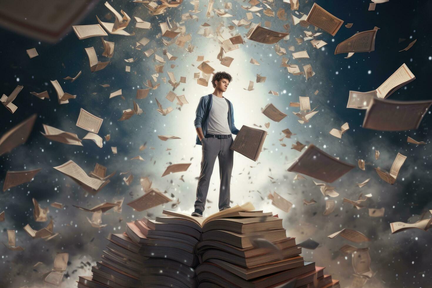 AI generated Businessman standing on top of a pile of books and looking at the camera, A man standing on an open book, Floating pieces of the book above him, Dyslexia concept, AI Generated photo