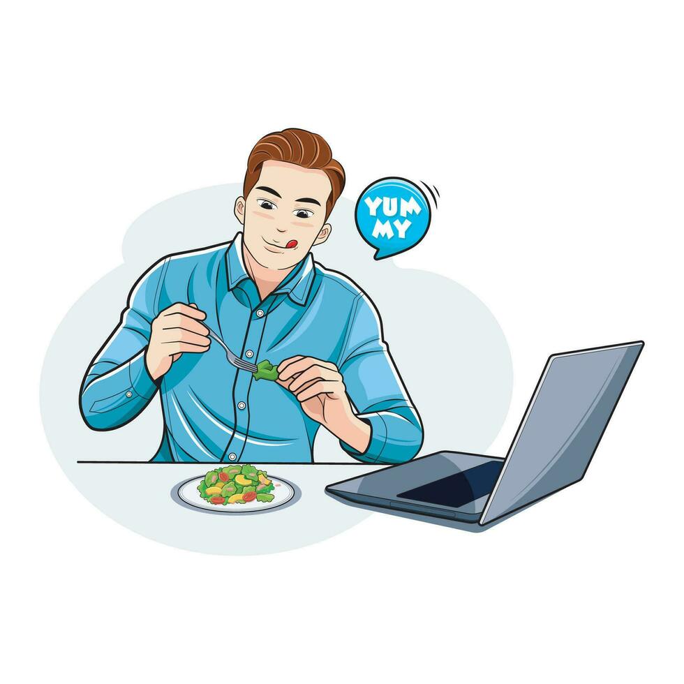 Businessman. A Cheerful young man eating food in office. Vector illustration