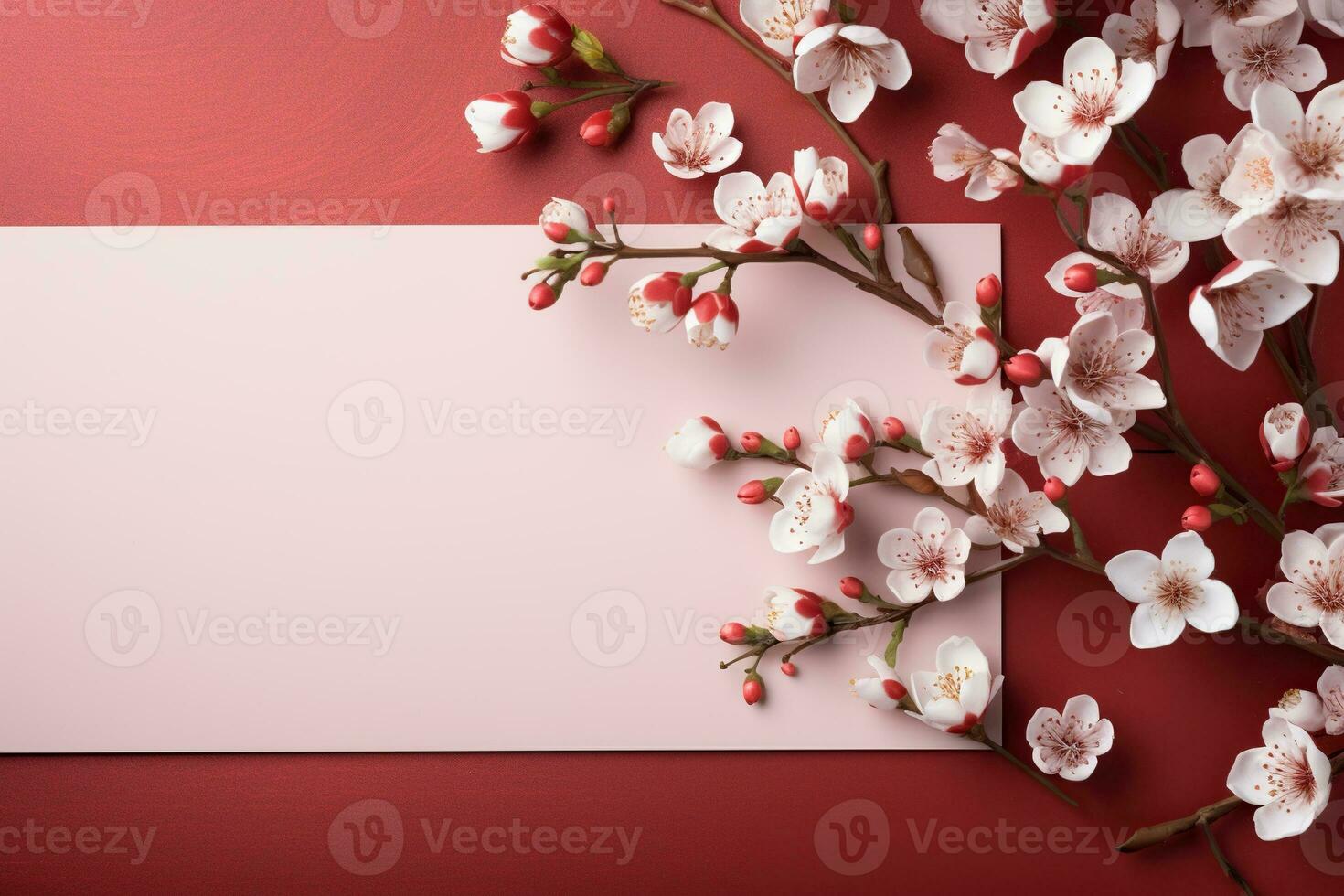 AI generated Blank sheet for congratulations with a sakura branch on red background. Congratulatory background photo