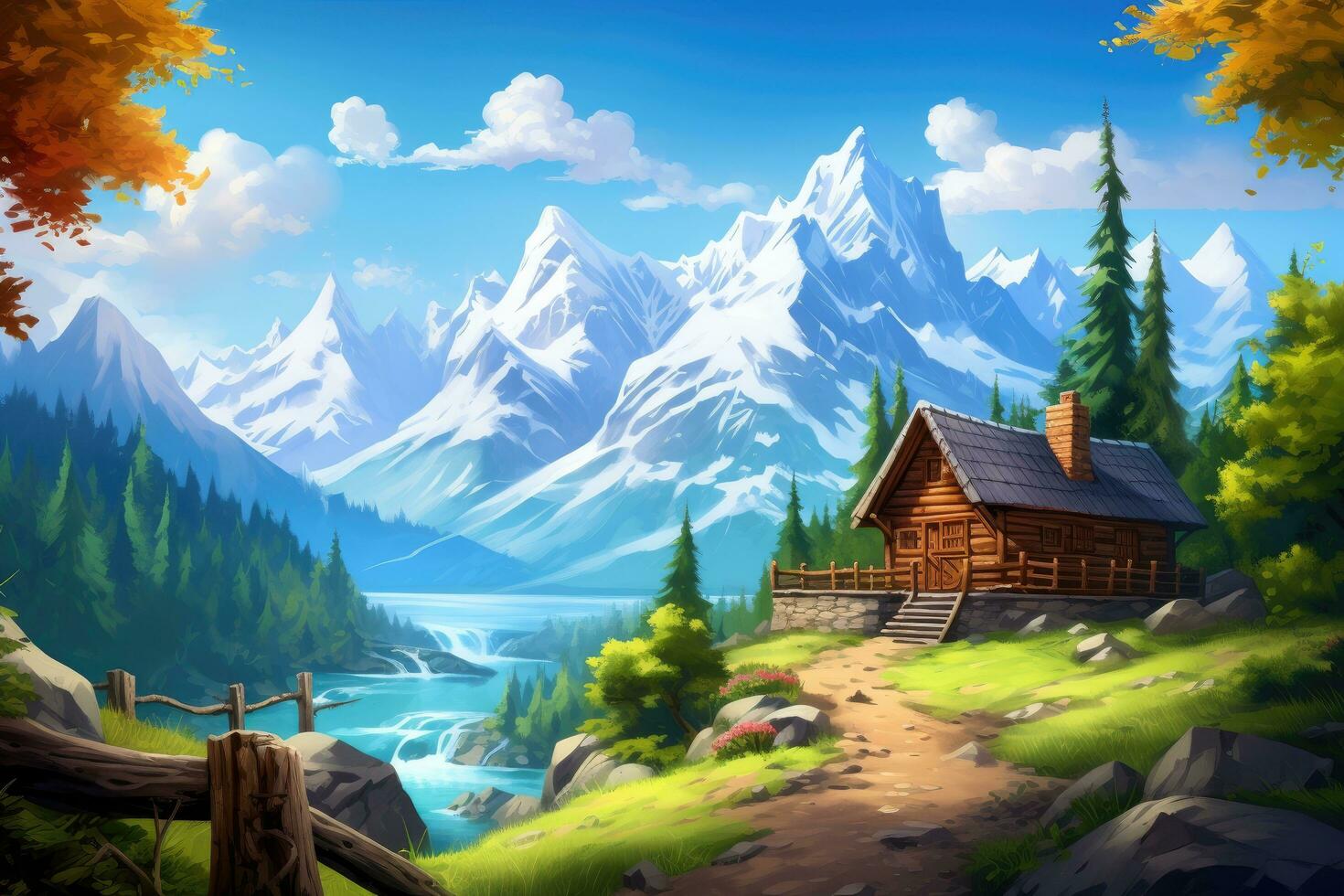 AI generated Beautiful mountain landscape with a wooden house in the mountains. Digital painting, Create a picturesque mountain scene with a log home on the side of a rugged mountain with snow photo