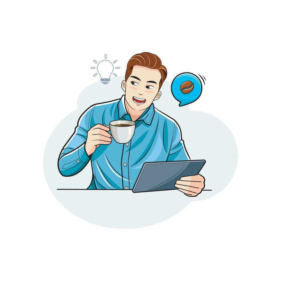 Businessman. a young man drinking coffee with iPad. Vector illustration