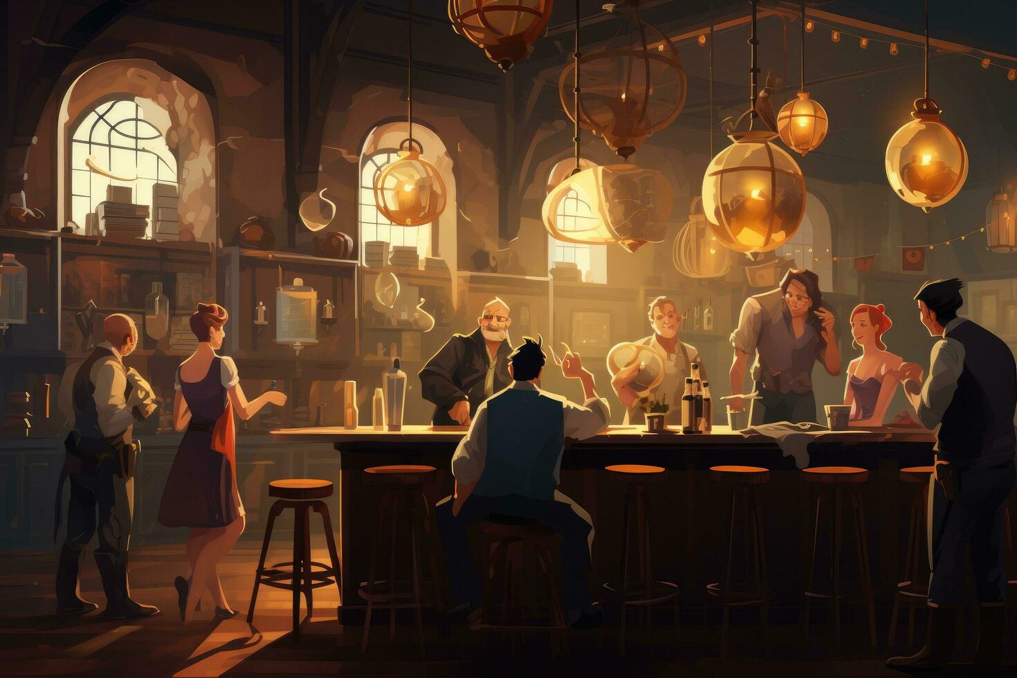 AI generated Dramatic night bar interior with people drinking beer. Nightlife concept, Concept of pub culture and drinking, AI Generated photo