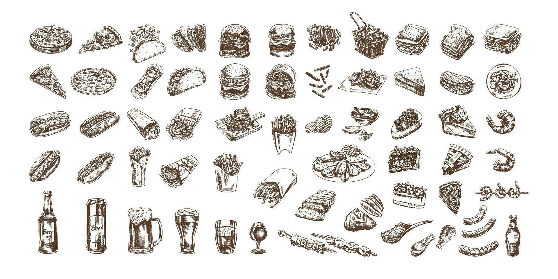 Hand-drawn sketch of street food, takeaway food, fast food, junk food and drinks. Burgers, potato french fries, chips, pizza, hot dogs, burritos, tacos, beer, bbq, meat, pies set. Great for menu. vector