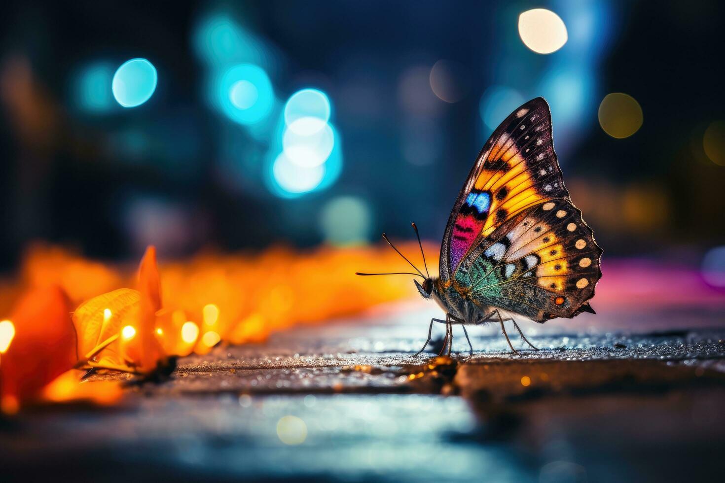 AI generated Butterfly in the city at night. Selective focus, Colorful butterfly on the sidewalk of a busy street at night, captured through macro photography, AI Generated photo