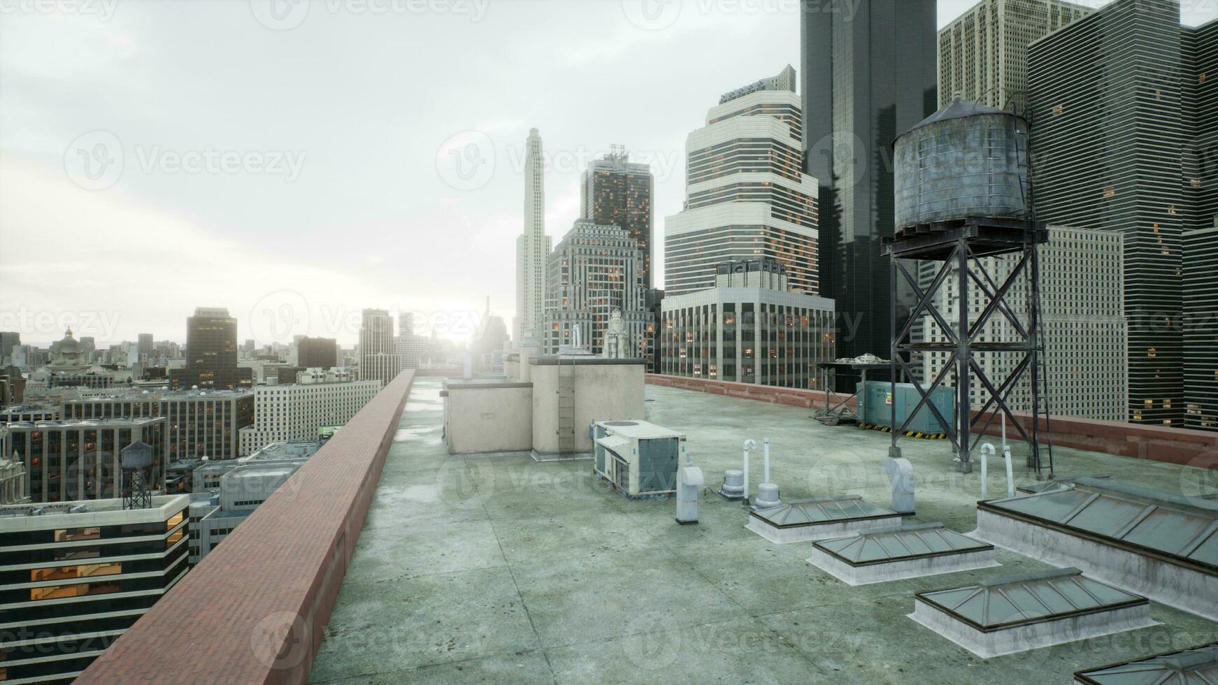 The roof of building with skyscrapers view on the city photo