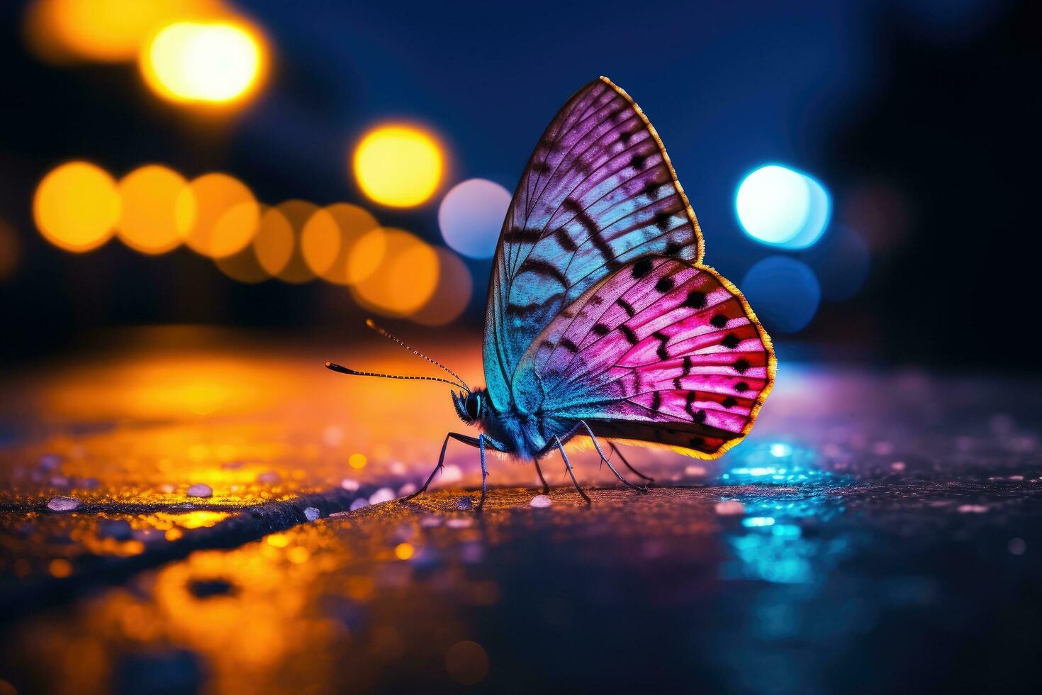 AI generated butterfly on the road at night with bokeh background, Colorful butterfly on the sidewalk of a busy street at night, captured through macro, AI Generated photo