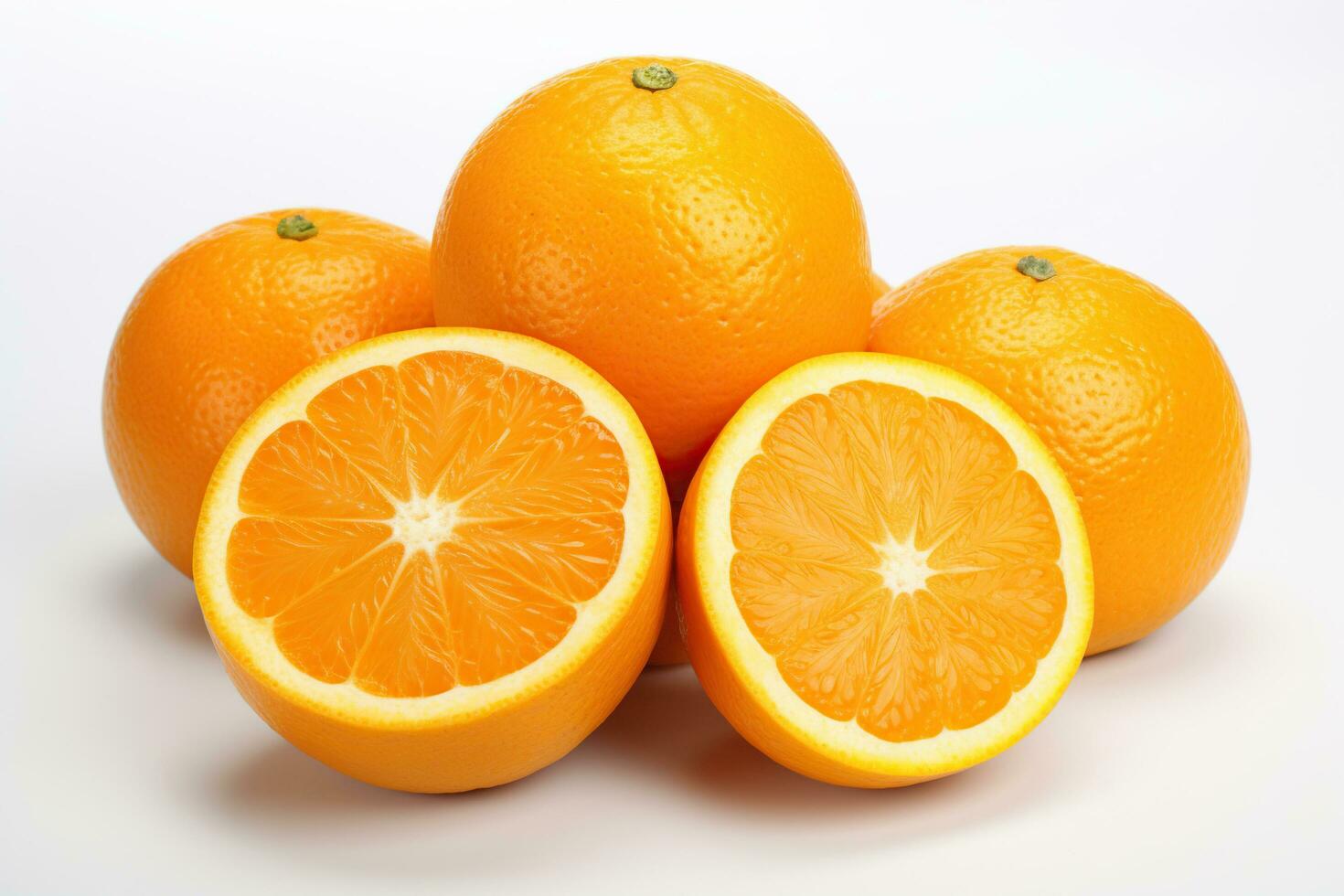 AI generated Ripe juicy oranges on a white background. Generated by artificial intelligence photo