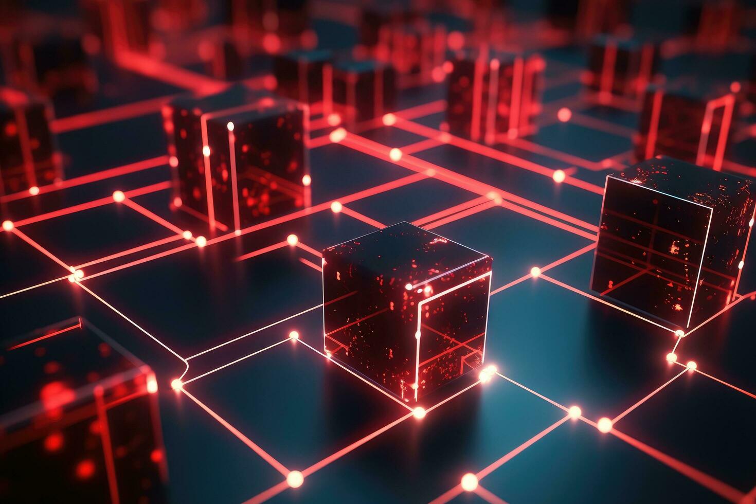 AI generated 3D rendering of a network of black servers with red neon lights, Close-up of a red glowing blockchain network with interconnected blocks and data fields, featuring, AI Generated photo