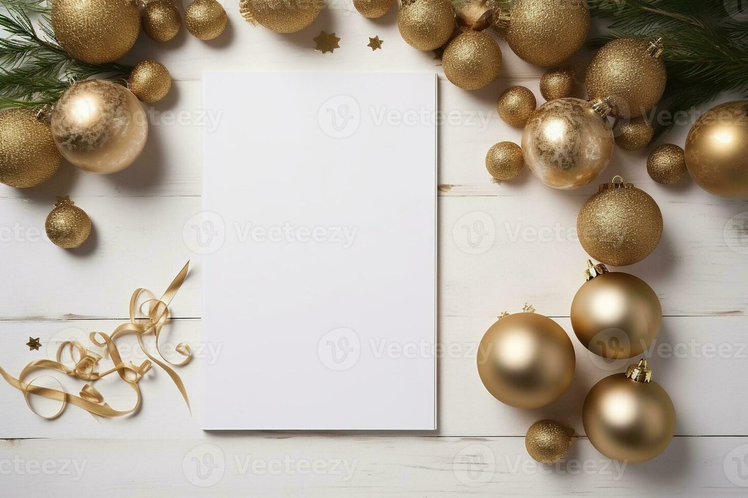 ai generado Navidad antecedentes con blanco papel y dorado decoraciones en un de madera mesa. foto