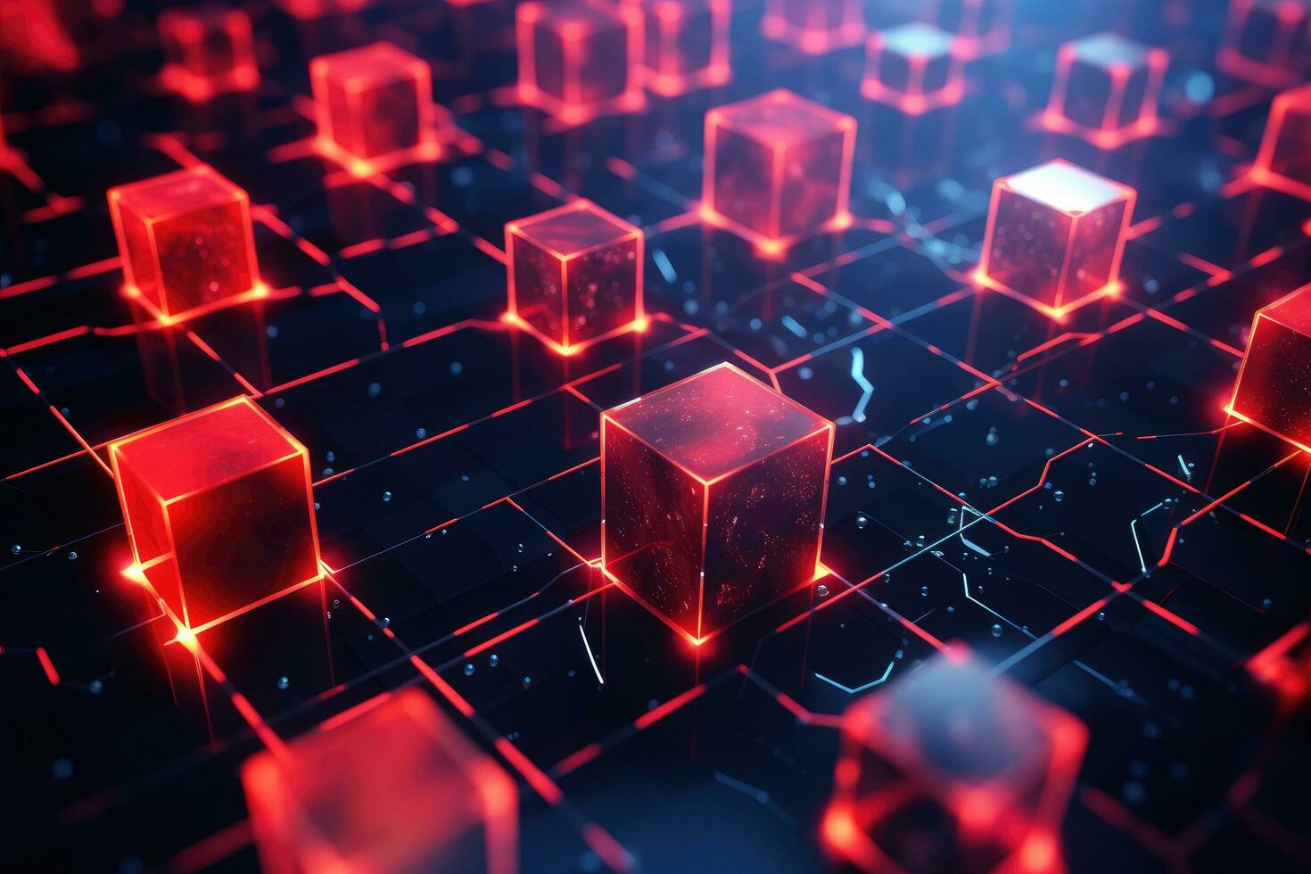 AI generated Abstract 3d rendering of a circuit board with cubes in red light, Close-up of a red glowing blockchain network with interconnected blocks and data fields, AI Generated photo