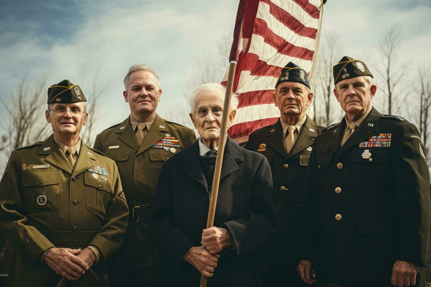 ai generado no identificado veteranos de el genial patriótico guerra. victoria día en genial patriótico guerra, grupo de veteranos de diferente generaciones reunido alrededor un asta de bandera, ai generado foto