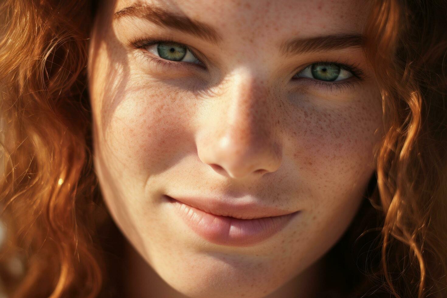 AI generated Close up portrait of beautiful young redhead woman with freckles on face, close  up shot of a woman with a gentle smile, AI Generated photo