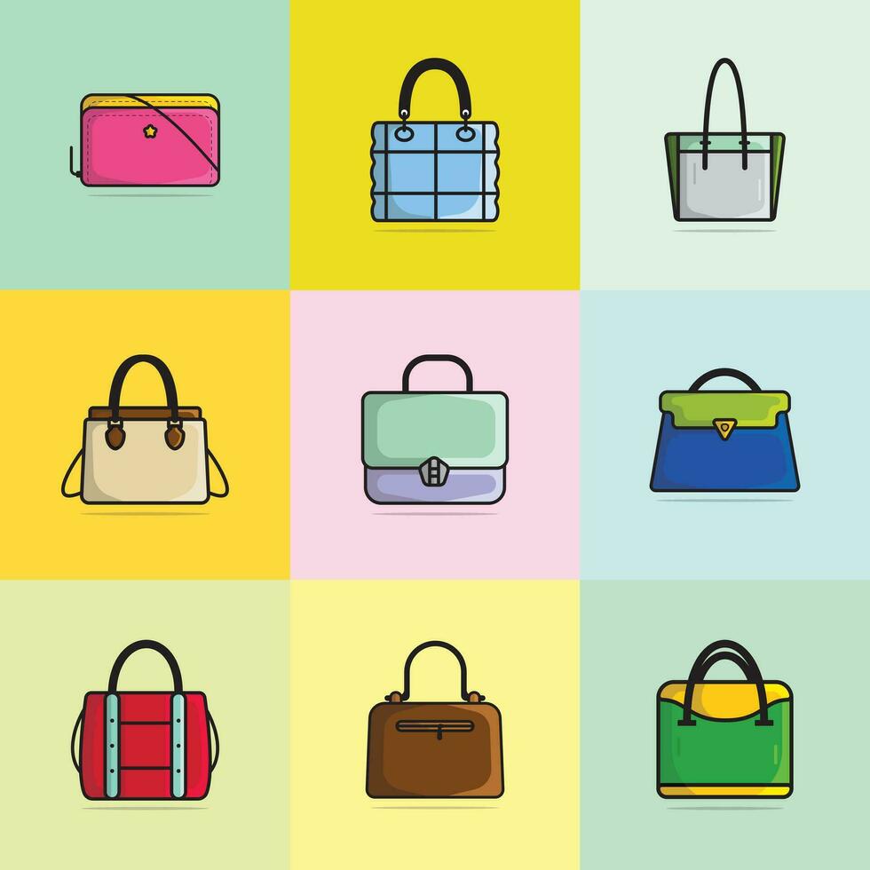 colección de 9 9 lujo moderno mujer eventos bolsos vector ilustración. belleza Moda objetos icono concepto. conjunto de muchachas Moda carteras vector diseño.