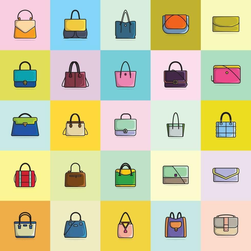 colección de 25 mujer evento carteras vector ilustración. belleza Moda objetos icono concepto. conjunto de mano y hombro pantalones modelos en moderno estilo vector diseño.