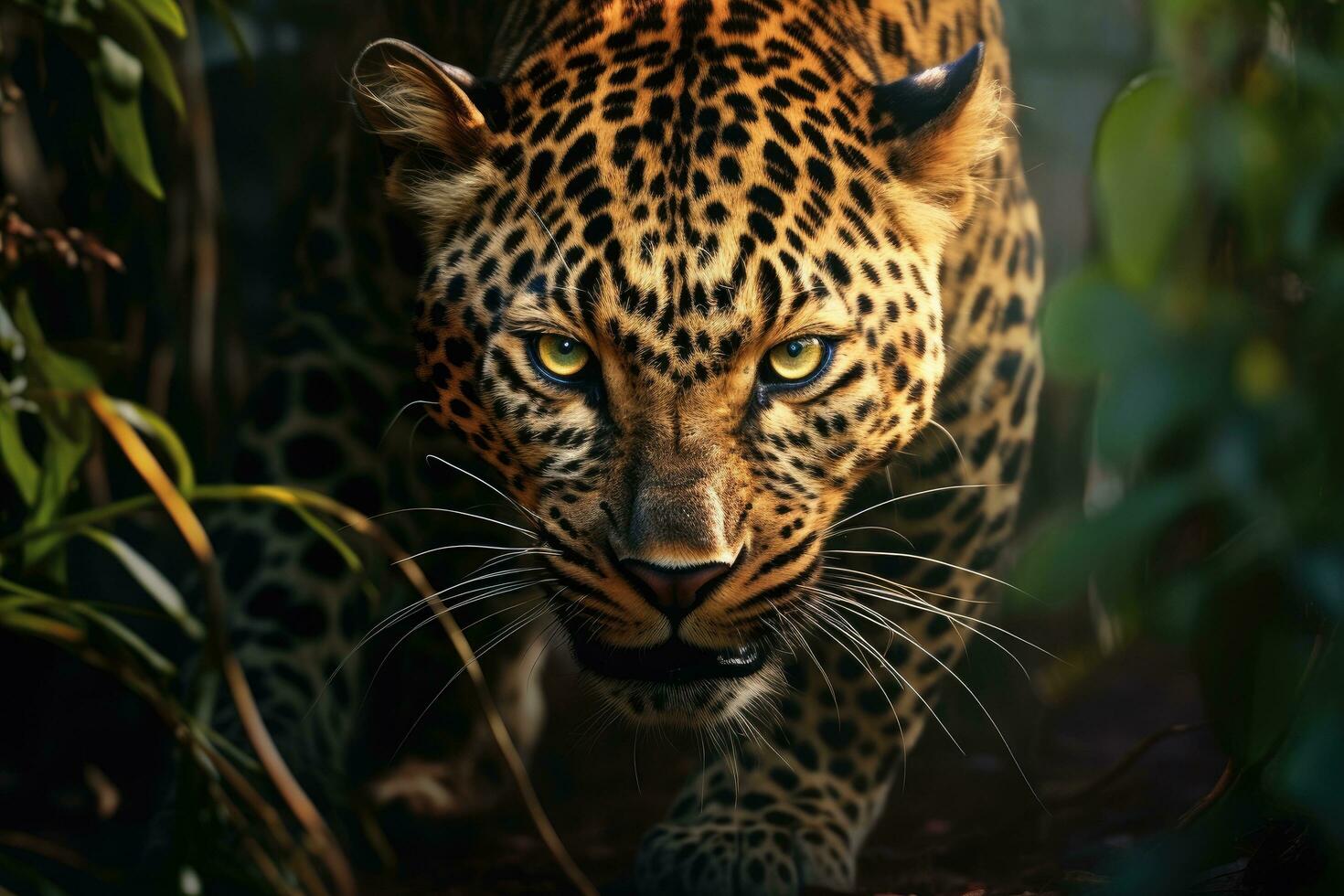 AI generated Leopard portrait in the jungle. Wildlife scene from tropics, Close-up of a leopard stalking prey, AI Generated photo