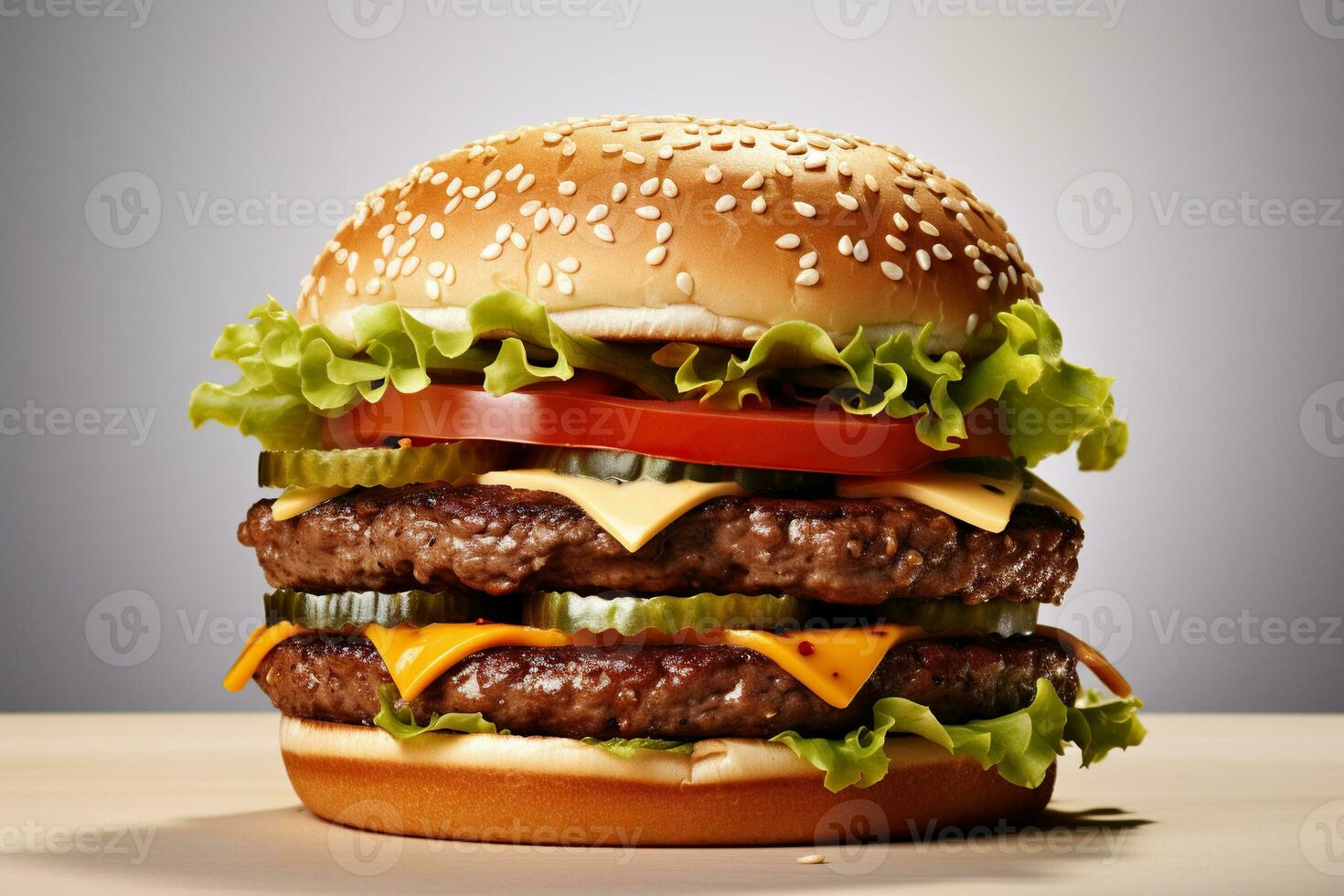 AI generated Juicy appetizing burger on a wooden tabletop close-up. Generated by artificial intelligence photo