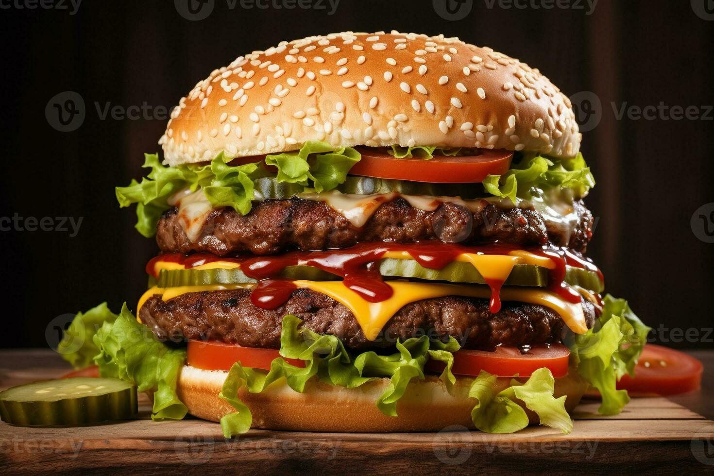 AI generated Juicy appetizing burger on a wooden tabletop close-up. Generated by artificial intelligence photo