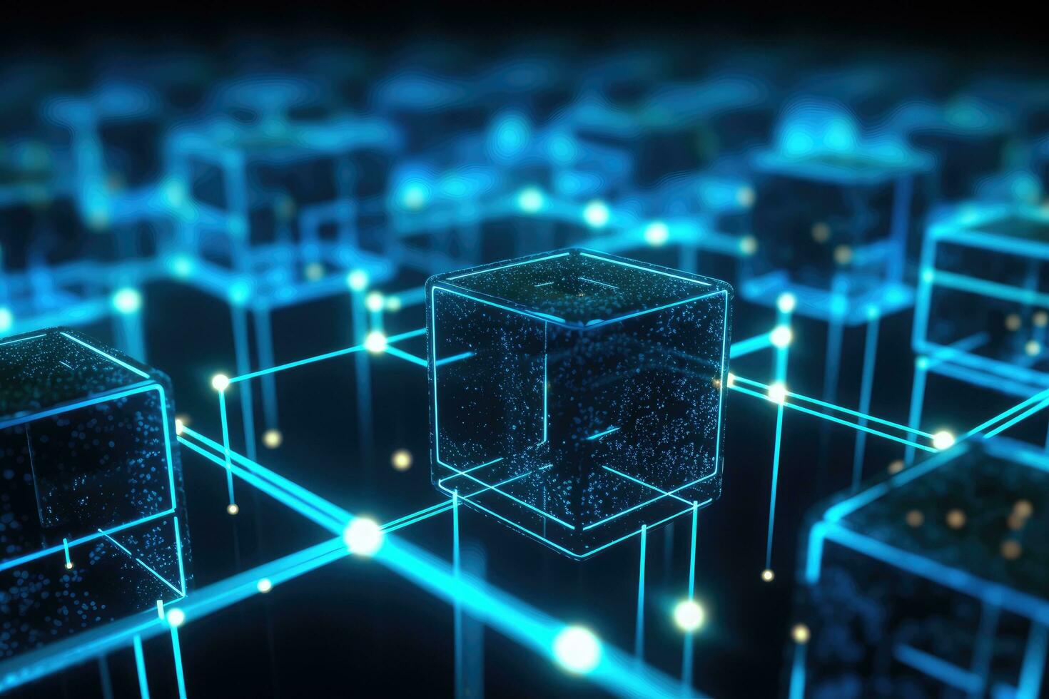 AI generated Abstract 3d render of cube on dark background. Technology concept, Close up view of beautiful fir branches with shiny golden bauble or ball, AI Generated photo