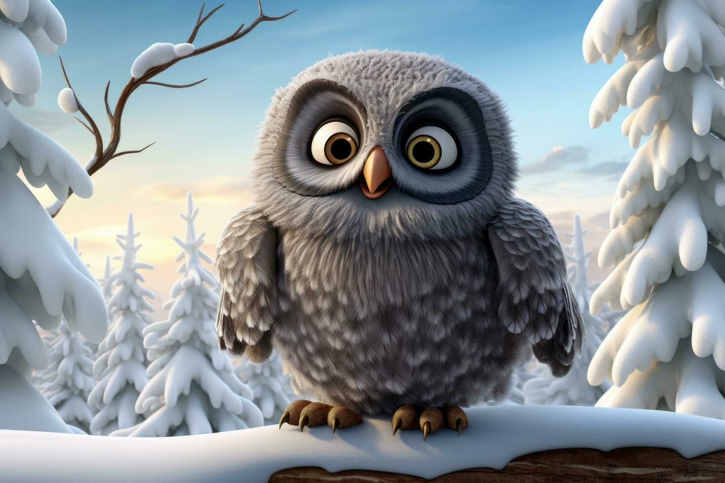 AI generated Owl sitting on a branch in a snowy forest - 3d render, 3D cartoon illustration of a great grey owl in the winter, AI Generated photo