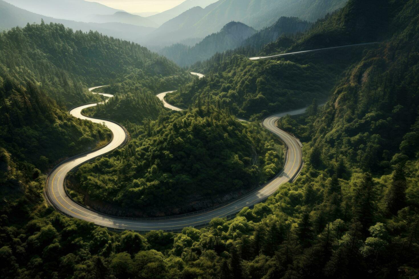 AI generated Winding road in the mountains, Chengde, Hebei Province, China, A bird's-eye view of a winding asphalt road through pine tree-covered mountains, AI Generated photo