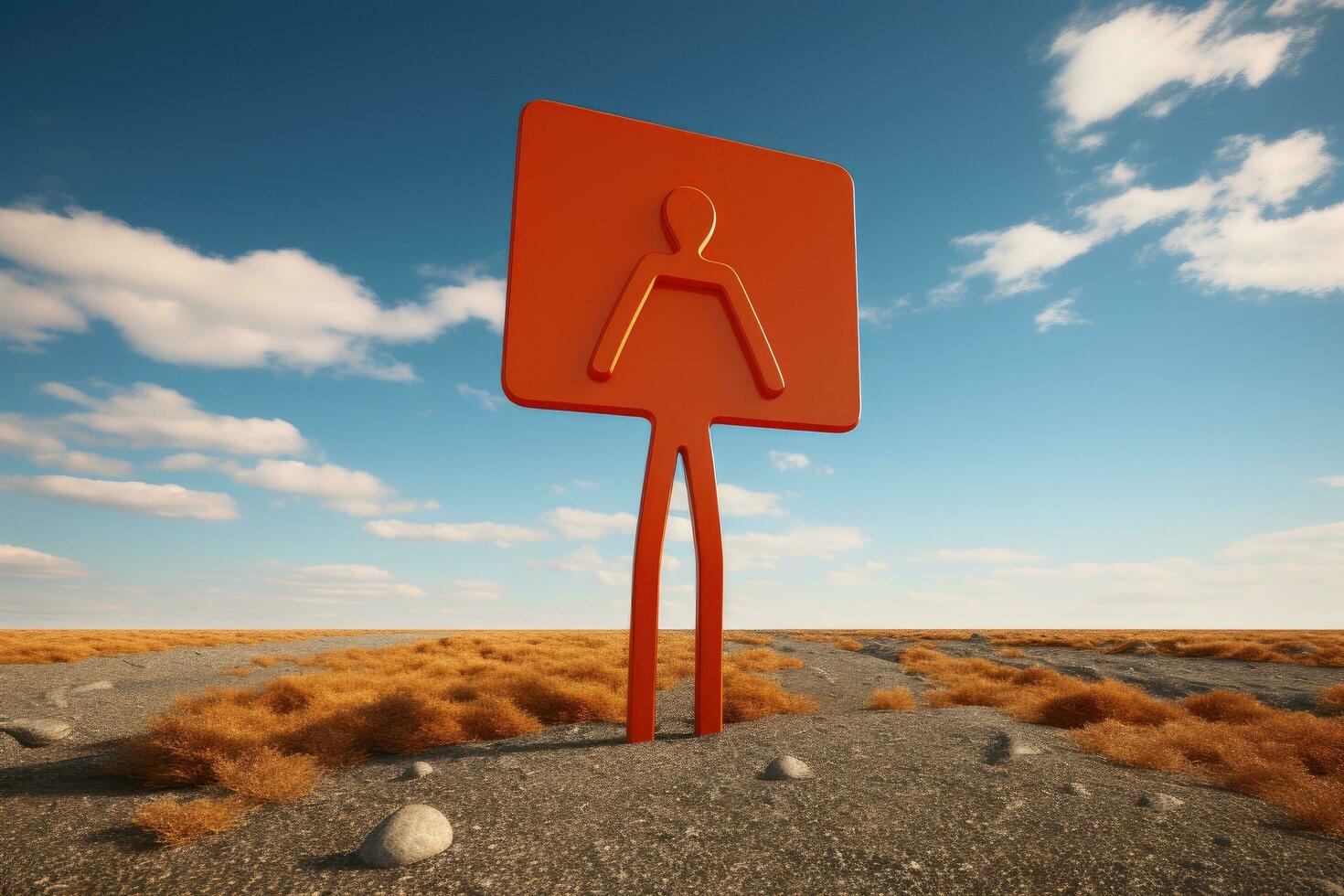 AI generated 3d rendering of a man standing on a road in the desert, 3D render of a road sign in the shape of a person, AI Generated photo