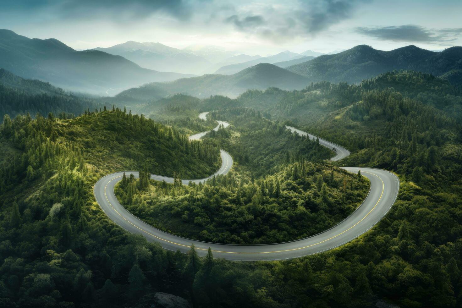 AI generated Aerial view of winding road in the mountains with beautiful landscape, A bird's-eye view of a winding asphalt road through pine tree-covered mountains, AI Generated photo