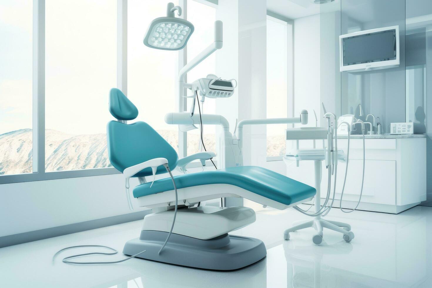 ai generado interior de moderno dental oficina con azul silla y equipo. 3d representación, un dentista silla en el dental oficina, odontología concepto, ai generado foto