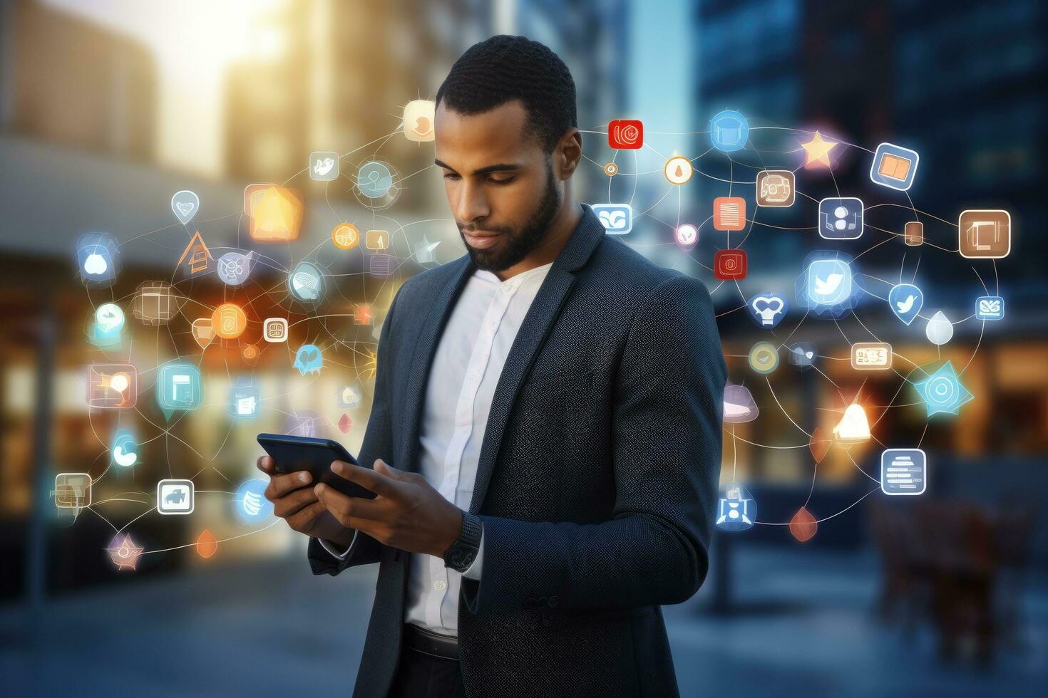 AI generated Digital composite of Businessman using mobile phone with application icons in city, A businessman on a blurred background using a 3D rendering mobile phone with social media icons photo