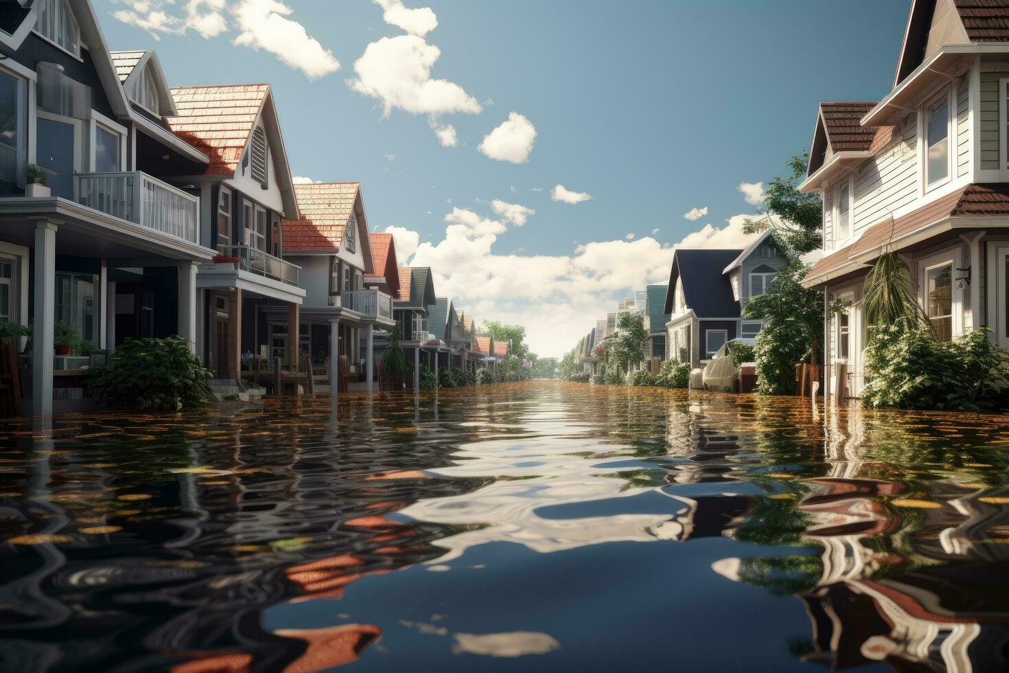 ai generado residencial casas reflejado en el agua de un canal con reflexión en el agua, 3d representación de inundación casas, ai generado foto